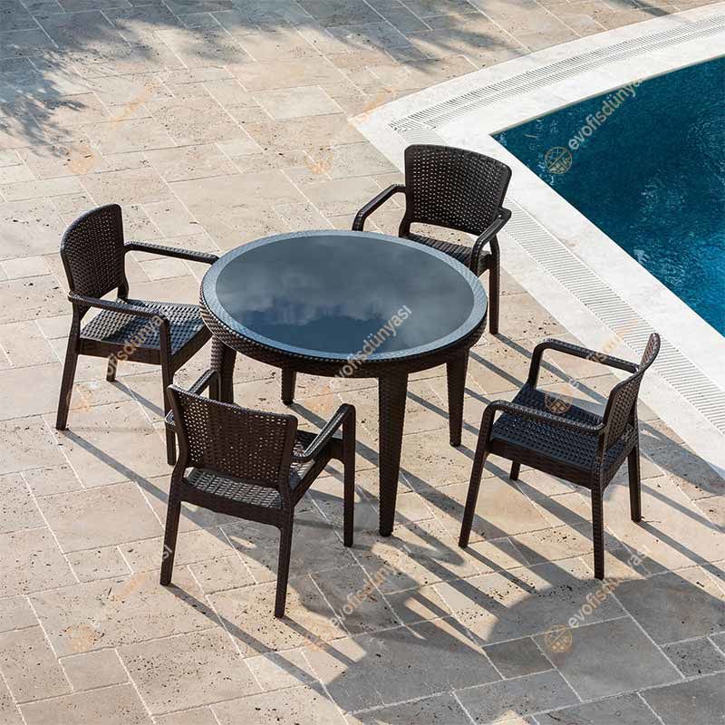 Paris 110 cm Rattan 4 Kişilik Camlı Masa Takımı Kahve