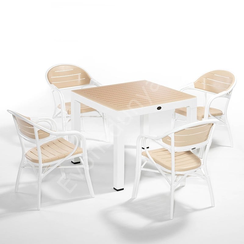 Bambo Masa Sandalye Takımı 4 Kişilik Beyaz-Fildişi