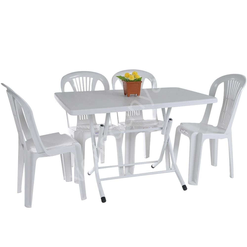 70x120 Katlanır Dikdörtgen Masa ve Beyaz Plastik Sandalye Seti