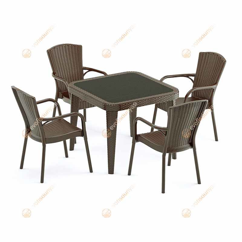 Milano 90×90 cm Rattan 4 Kişilik Camlı Masa Takımı Kahve