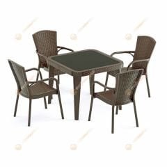 Milano 90×90 cm Rattan 4 Kişilik Camlı Masa Takımı Kahve