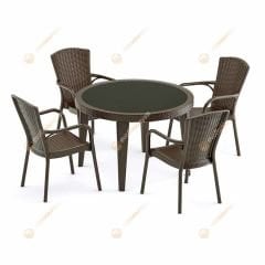 Cıtyal 110 cm Rattan 4 Kişilik Camlı Masa Takımı Kahve