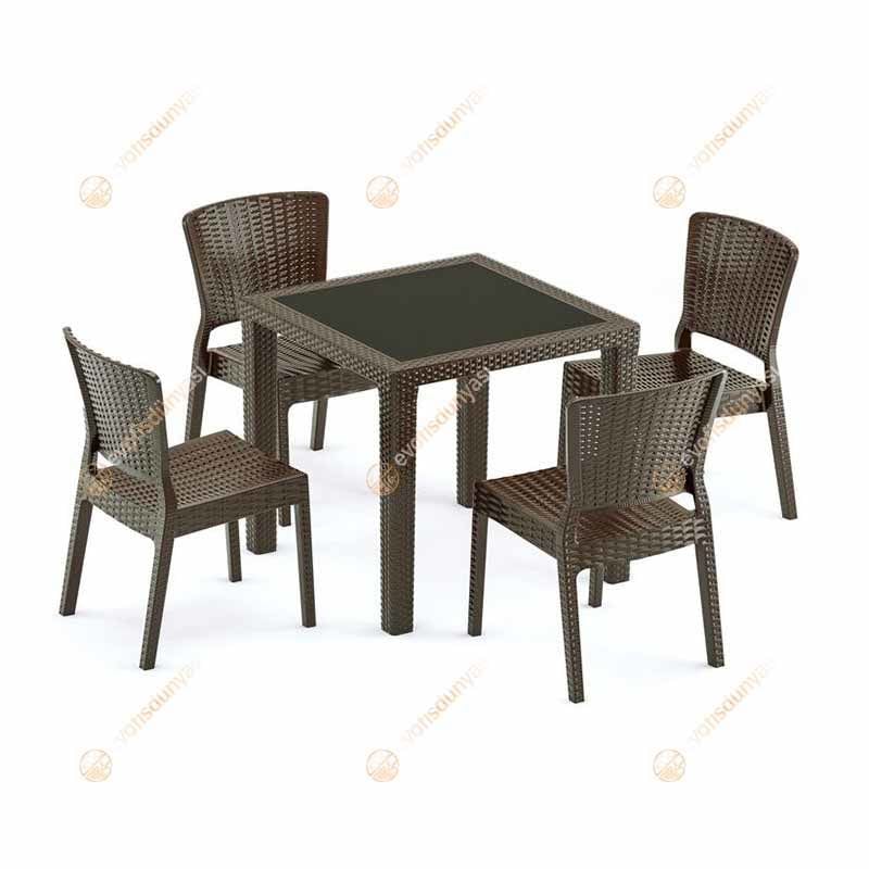 Town 80x80 cm Rattan 4 Kişilik Camlı Masa Takımı Kahve