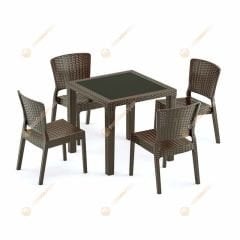 Town 80x80 cm Rattan 4 Kişilik Camlı Masa Takımı Kahve