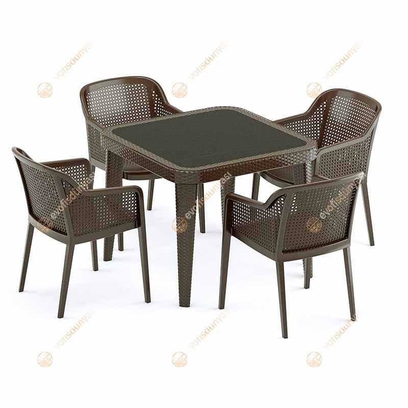 Cape 80x80 cm Rattan 4 Kişilik Camlı Masa Takımı Kahve