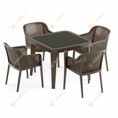 Cape 80x80 cm Rattan 4 Kişilik Camlı Masa Takımı Kahve