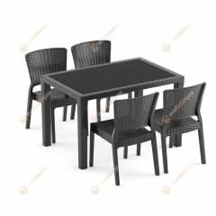 Sidney 80x120 cm Rattan 4 Kişilik Camlı Masa Takımı Siyah