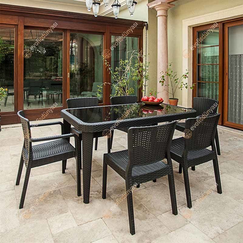 Sidney 90x150 cm Rattan 6 Kişilik Camlı Masa Takımı