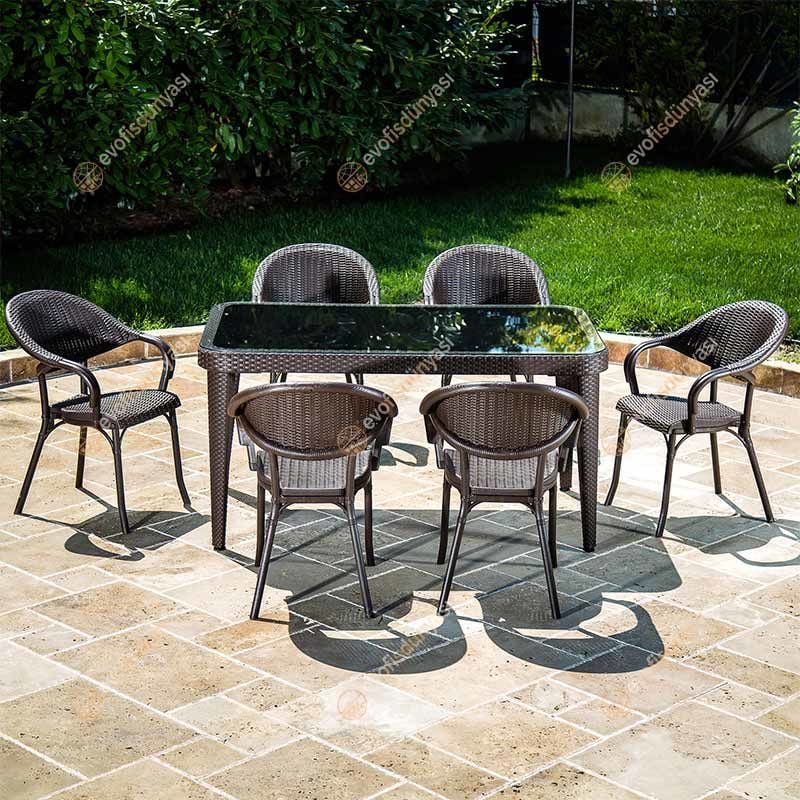 Viyana 90x150 cm Rattan 6 Kişilik Camlı Masa Takımı