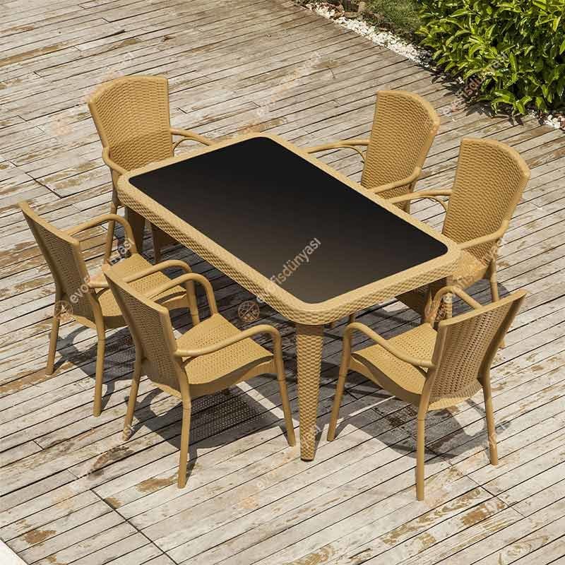 Milano 90x150 cm Rattan 6 Kişilik Camlı Masa Takımı