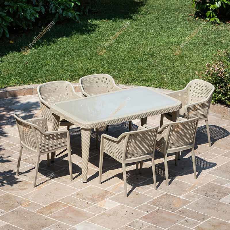 Cape 90x150 cm Rattan 6 Kişilik Camlı Masa Takımı
