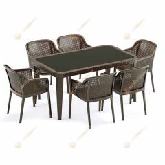 Cape 90x150 cm Rattan 6 Kişilik Camlı Masa Takımı