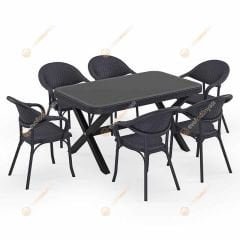 Dubai 90x150 cm Rattan 6 Kişilik Camlı Masa Takımı